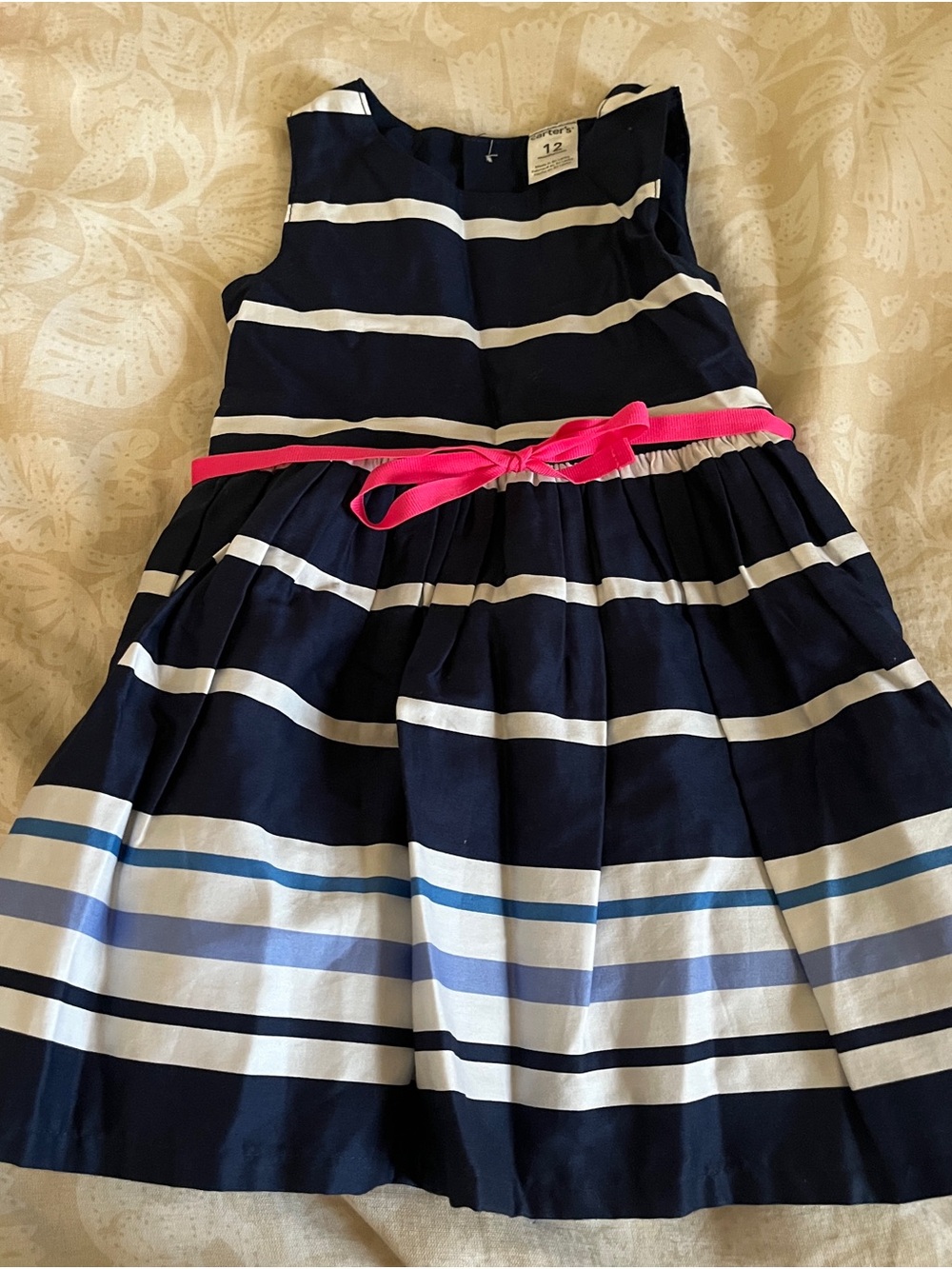 Carter's Navy and White Striped Dress with Hot Pink Belt